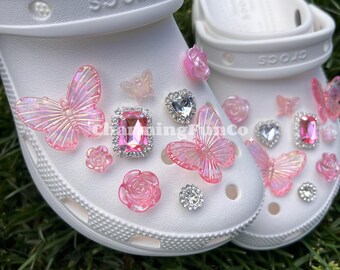 18PCS Pink Gem Butterfly Flower Shoe Charms Easy Clip