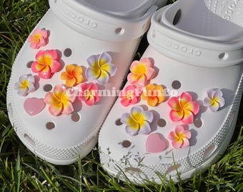 16PCS Pink Hawaiian Plumeria Shoe Charms Easy Clip Exclusive Design