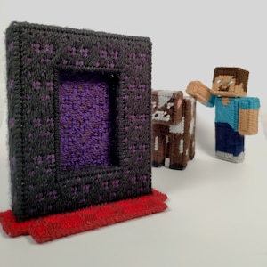 May include: A purple and black framed portal with a red base, a brown and white cow, and a blue and white pixelated Minecraft character.