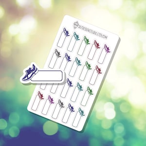 May include: A sticker sheet featuring colorful running shoe designs. Each shoe is paired with a rectangular label for notes. The shoes are in various colors, including blue, green, red, and purple. The text "307DESIGNSTUDIO.ETSY.COM" is visible.