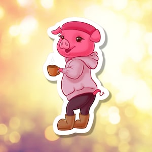 May include: A pink pig wearing a pink hoodie and brown boots holds a brown mug with steam coming from it.