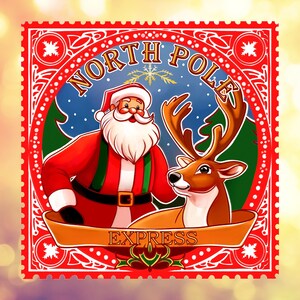 May include: A festive illustration featuring Santa Claus and a reindeer, set against a snowy backdrop. The words "NORTH POLE EXPRESS" are prominently displayed. The design is framed within a red border with a postage stamp aesthetic, perfect for holiday-themed products.