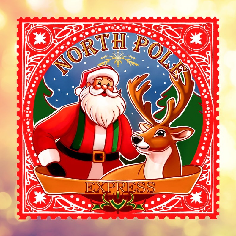 May include: A festive illustration featuring Santa Claus and a reindeer, set against a snowy backdrop. The words "NORTH POLE EXPRESS" are prominently displayed. The design is framed within a red border with a postage stamp aesthetic, perfect for holiday-themed products.
