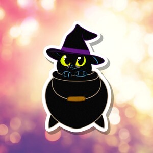 Sticker imperméable sorcière chat noir | Sticker Halloween| Bouteille d'eau décorative pour ordinateur portable | Chaton drôle | A-072 | Livraison gratuite éligible