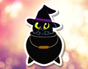 Adesivo impermeabile strega gatto nero / Decalcomania di Halloween / Bottiglia d'acqua decorativa per laptop / Gatto divertente / A-072 / Spedizione gratuita