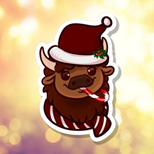 Cute Christmas Bison Die Cut Waterproof Sticker | Laptop Water Bottle | Decorative Animal | Bertram the Bison | A-015 | Free shipping