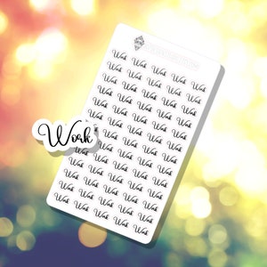 May include: A sheet of white sticker paper with the word "Work" written in cursive on a separate sticker. The sheet is filled with 50 small, white, round stickers with the word "Work" written in cursive on each sticker.