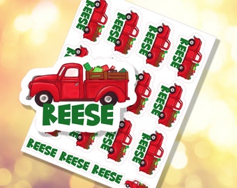 Custom Name Gift Stickers | Christmas Labels | Personalized | Red Vintage Truck Gift Tags | Envelope Sealers | E-0003 | Free Shipping
