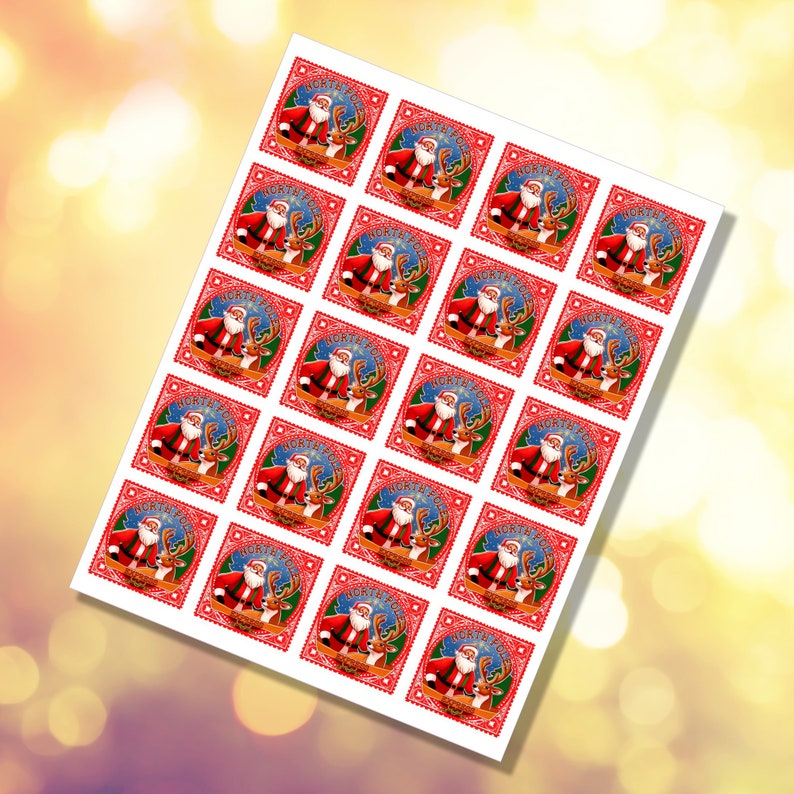 May include: Sheet of Christmas-themed stamps featuring Santa Claus with a reindeer. Each stamp has a red border with a decorative pattern. The central image shows Santa in his red suit, a reindeer, and the words "North Pole".