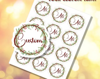 Custom Name Gift Stickers | Christmas Labels | Personalized | Berry Christmas Wreath Gift Tags | Envelope Sealers | E-0002 | Free Shipping