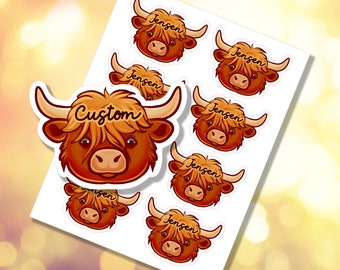 Custom Name Labels | Personalized | Scottish Highland Cow Gift Tags | Gift Stickers, Envelope Sealers | E-0006 | Free Shipping