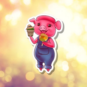 May include: A pink pig wearing overalls and a hat holds a caramel apple and a potted plant. The pig is smiling and has a happy expression.
