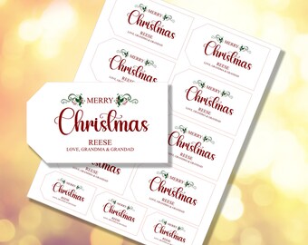 Tag Shaped Custom Name Gift Stickers | Christmas Labels | Personalized | Festive Holiday Gift Tags | E-0007 | Free Shipping