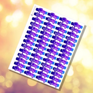 May include: A sheet of planner stickers featuring the days of the week in a gradient blue and purple script. Each sticker has a rectangular shape with rounded edges. The background is a soft, blurred bokeh of yellow and gold.