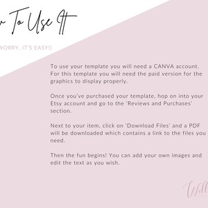 May include: A pink and white graphic with the text "How To Use It" and instructions on how to use a template purchased on Etsy. The text says to download the files and then use Canva to edit the template.