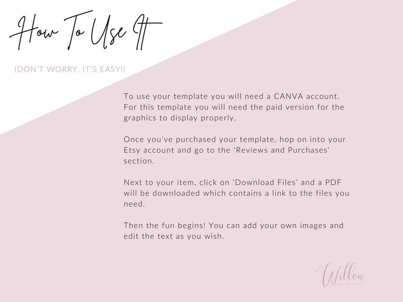 May include: A pink and white graphic with the text "How To Use It" and instructions on how to use a template purchased on Etsy. The text says to download the files and then use Canva to edit the template.