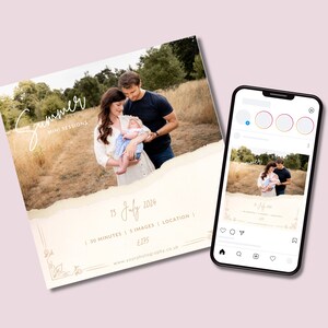 May include: A promotional flyer and a smartphone displaying a family portrait. The flyer has the text "Summer Mini Sessions" and the date "13 July 2024". The smartphone shows the same image.