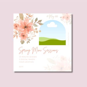 May include: A white card with a watercolor floral design and a blue sky with a white cloud. The text on the card reads "Spring Mini Sessions", "30 Minute Session", "5 Digital Images", "Your Location", and "&pound;275".