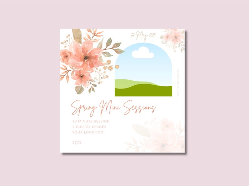 May include: A white card with a watercolor floral design and a blue sky with a white cloud. The text on the card reads "Spring Mini Sessions", "30 Minute Session", "5 Digital Images", "Your Location", and "&pound;275".