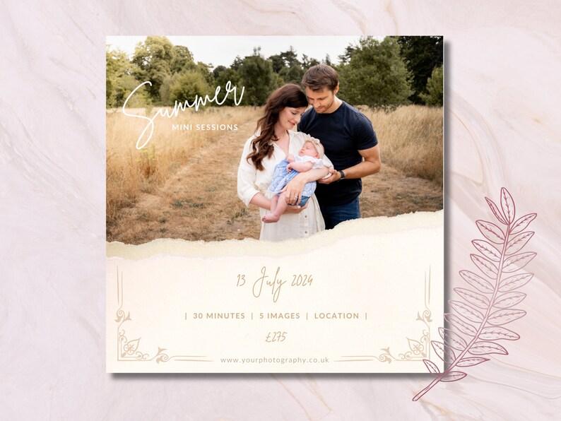 May include: A promotional image for summer mini photo sessions. A family of three is in a field. The text "Summer Mini Sessions" is at the top. The date "13 July 2024" is displayed, along with session details.
