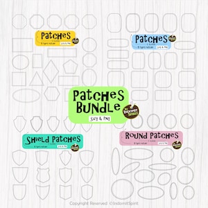 May include: A set of 15 SVG and PNG digital cut files for crafting patches. The set includes three different styles: round, shield, and a variety of geometric shapes. The text "Patches Bundle" is in a green box with white text. The text "SVG & PNG" is below the green box. The text "By Indomit Spirit" is in a white box with green text.