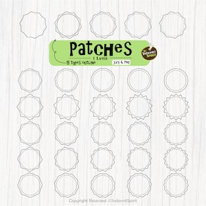 Puede incluir: Un conjunto de 20 parches circulares de contorno en blanco y negro. Los parches son de cinco formas diferentes: un círculo, un cuadrado, un hexágono, una estrella y un estallido de sol. Los parches son todos del mismo tamaño y están dispuestos en cuatro filas de cinco.