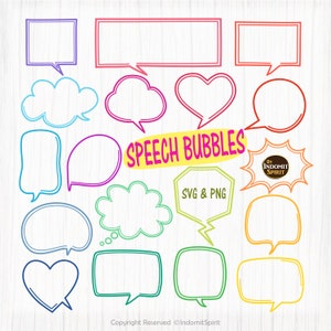 Puede incluir: Un conjunto de 18 burbujas de diálogo coloridas en varias formas, incluyendo círculos, cuadrados, corazones, nubes y estrellas. Las burbujas están delineadas en negro y tienen un interior blanco. El texto "SPEECH BUBBLES" está escrito en una pancarta amarilla en la parte superior de la imagen. El texto "SVG & PNG" está escrito en un hexágono verde debajo de la pancarta. El texto "By INDOMIT SPIRIT" está escrito en una burbuja en forma de estrella marrón.