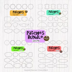 May include: A set of 40 black and white outline patches in various shapes, including circles, squares, stars, hearts, and shields. The patches are labelled "Patches Bundle" and "Svg & Png".