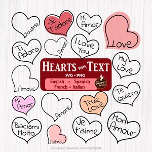 Herzen mit Text SVG PNG / Doodle Herzen png / Herzen in verschiedenen Sprachen / Valentine svg / Liebe svg