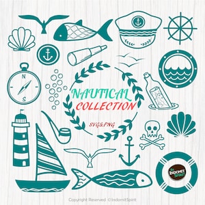 Paquete Svg Náutico / Svg Pez / Svg Mapa en una Botella / Svg Mar / Svg Barco / Svg Ancla / Catalejo / Ojo de Buey / Brújula / Faro / Concha