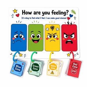May include: A white rectangular board titled How are you feeling? with the text It's okay to feel what I feel. I can make good choices! It features four coloured rectangles—blue, green, yellow, and red—each with a cartoon face and hanging cards.