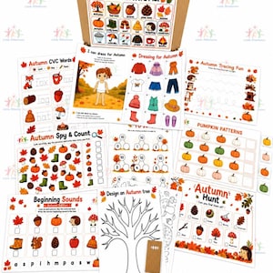 May include: A collection of educational autumn-themed activity sheets and worksheets for children, including word mats, tracing exercises, counting games, and colouring pages, all packaged in a brown cardboard box with the Little Milestones logo.