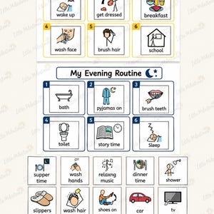 May include: A visual schedule chart featuring My Morning Routine and My Evening Routine with numbered steps and icons. Below are additional square cards with illustrations and text labels for daily activities like supper time, wash hands, and tv.