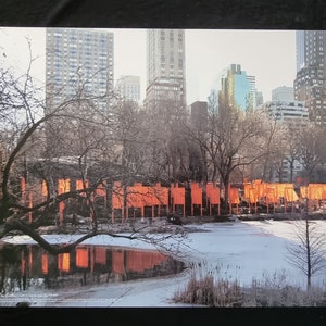 Puede incluir: Una fotografía de una instalación de arte en un parque. La instalación consiste en una serie de paneles de tela naranja, cada uno suspendido de un marco de metal. Los paneles están dispuestos en línea y se reflejan en el agua de un estanque helado. La instalación se encuentra en un contexto de edificios altos.