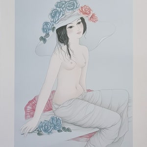 Mara Tran Long "Nu aux blue roses" Lithograph numbered and signed, dimensions 56 x 76 cm.