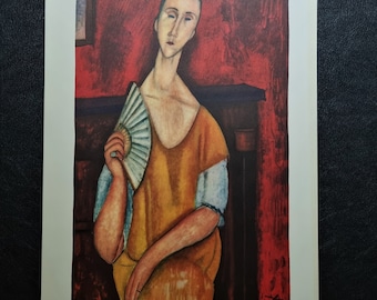 Amedeo Modigliani &quot;Lady Lunja Czechowska with a Fan&quot; Vintage lithograph from the 60s