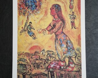 Marc Chagall &quot;Arbre et maisons&quot; (1968) Vintage litho uit de jaren 70, afmetingen 45 x 32 cm.