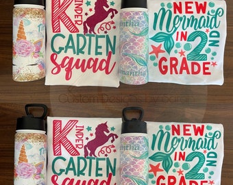 Back To School Shirt + Personalized Water Bottle | Mermaid Design | Unicorn Design | Back to School | Pre-K to 2nd Grade