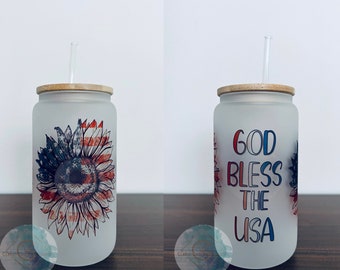 16 oz USA Sunflower Matte Glass Tumbler | Ice Coffee Tumbler | Sunflower Design | Gift for Her |Military Wife Gift | Military Mom Gift