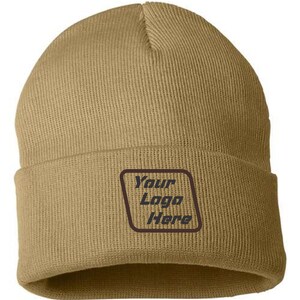 May include: A tan knit beanie with a black square patch that says "Your Logo Here".