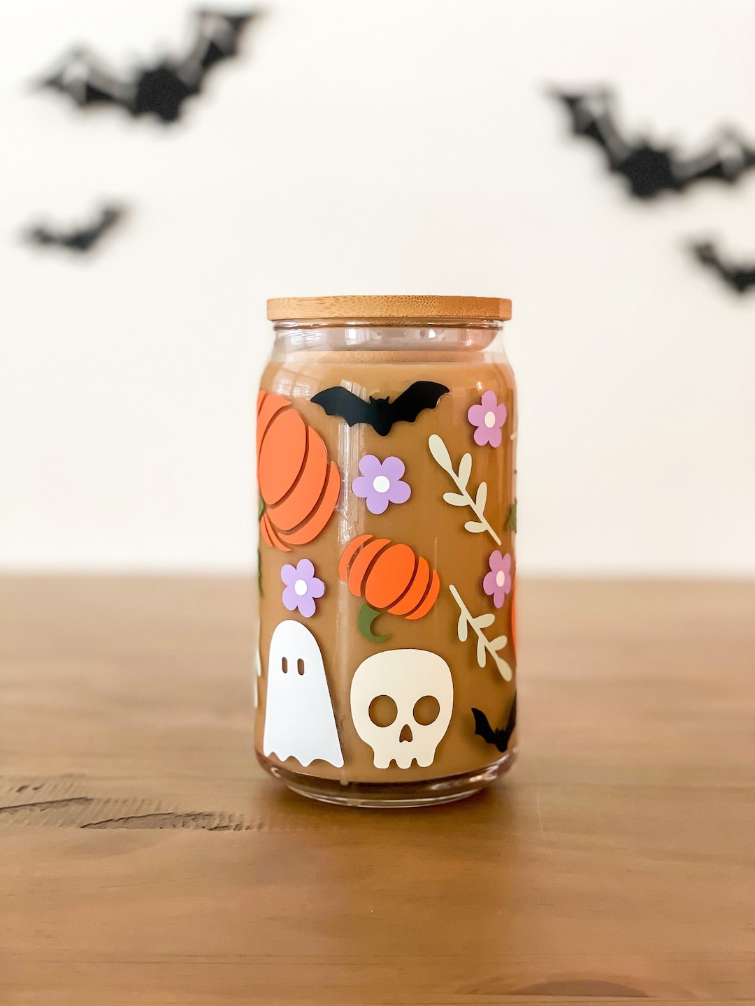 Halloween Cups Cute Fall Iced Coffee Glass Cup Spooky Etsy