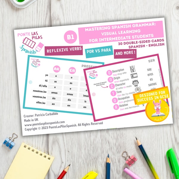 Spanish flashcards GCSE exams revision | Spanish grammar | Spanish grammar cards for intermediate students | Spanish verbs keyring