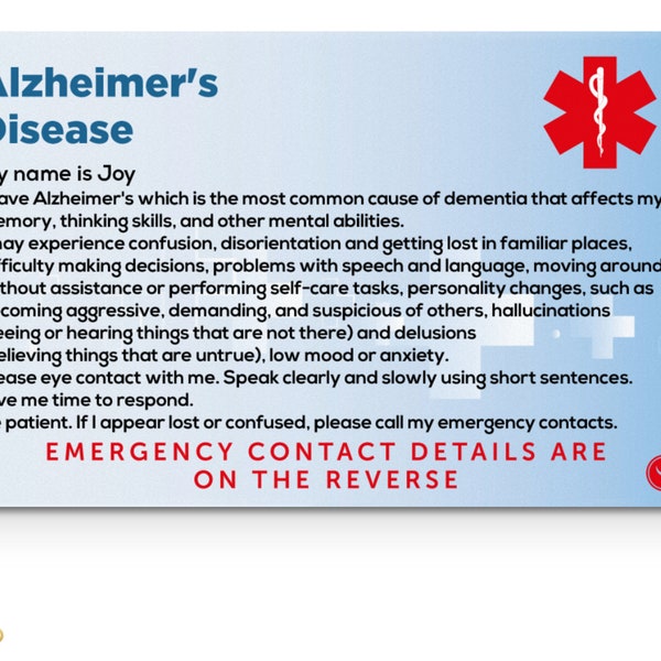 Carte d’alerte médicale de sensibilisation à la maladie d’Alzheimer avec cordon, porte-carte, étiquettes à clés détachables à 3