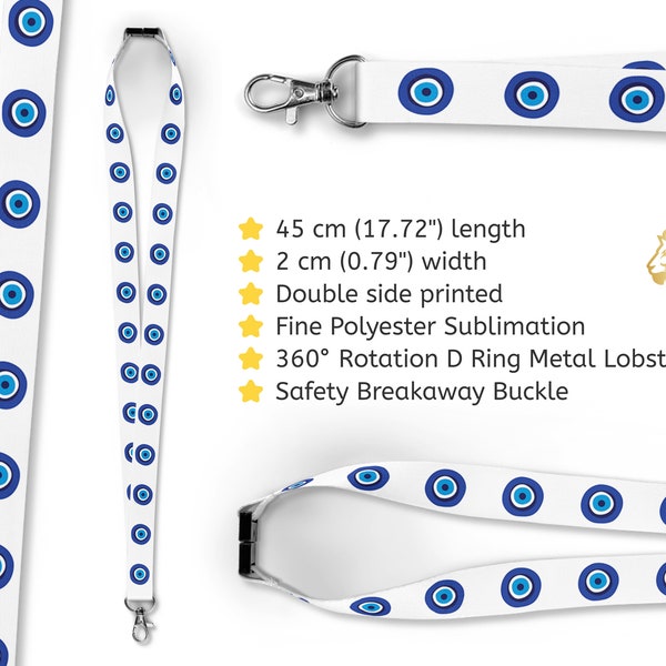 20 mm Cute Evil Eye Lanyard • Safety Breakaway Buckle • Waterproof Click Seal Clear Card Holder