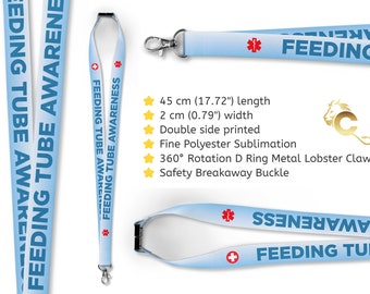 20mm Lovely Feeding Tube Awareness Lanyard with Safety Breakaway Buckle and Metal Lobster Claw + Click Seal Clear Card Holder