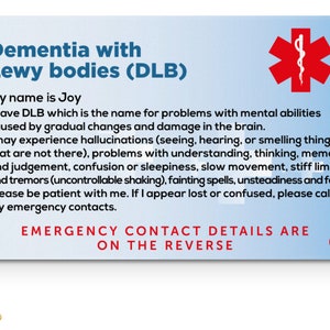 Dementia with Lewy bodies (DLB) Awareness Medical ID Card with Safety Breakaway Lanyard and Clear Rigid ID Card Holder