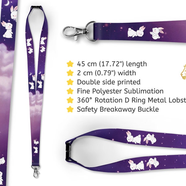 20 mm Cute Bunnies Lanyard • Lovely Purple Bunny Lanyard • Safety Breakaway Buckle • Waterproof Click Seal Clear Card Holder