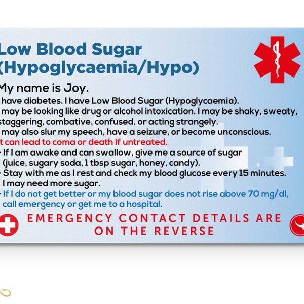 Low Blood Sugar (Hypoglycaemia - Hypo) Awareness Medical ID Card, Safety Breakaway Buckle Lanyard and Clear Rigid Card Holder