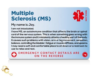 Multiple Sclerosis (MS) Awareness Medical ID Card , Lanyard and Clear Card Holder