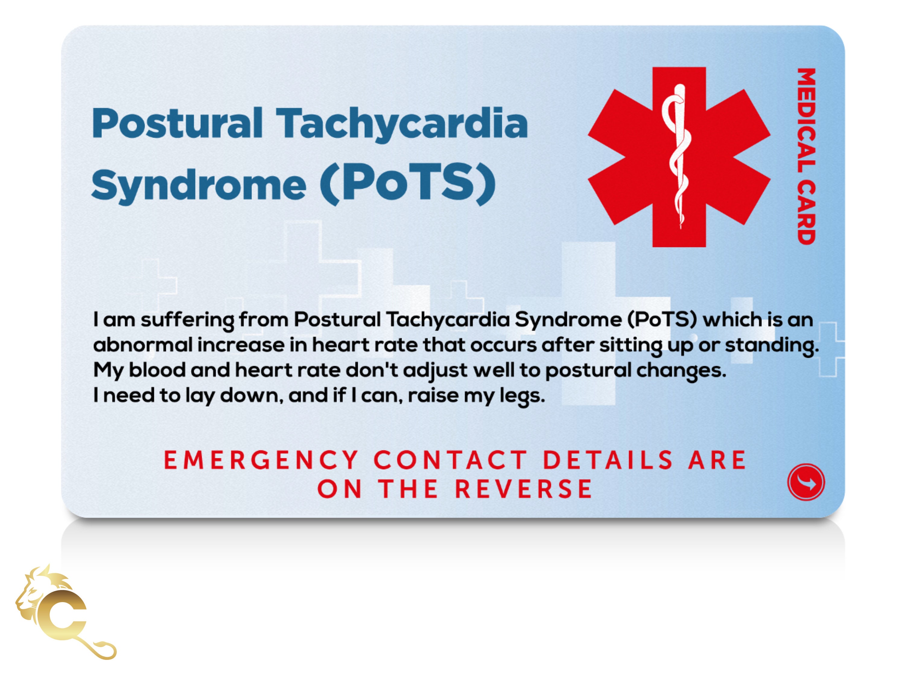 Postural Tachycardia Syndrome pots Awareness Medical ID Card With Safety  Breakaway Lanyard and Clear Rigid ID Card Holder 